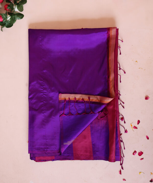 Handloom Silk Saree in Navy Blue and Dark Magenta with Golden Zari