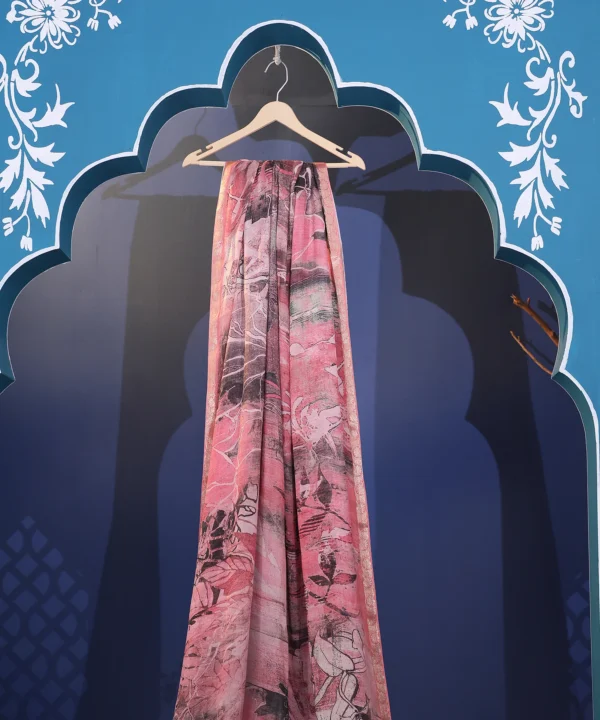 Silk Saree With Abstract print in Shades of Pink and Golden Zari Border - Image 2