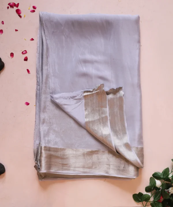 Mysore silk silver grey saree with self weaving and light golden zari border