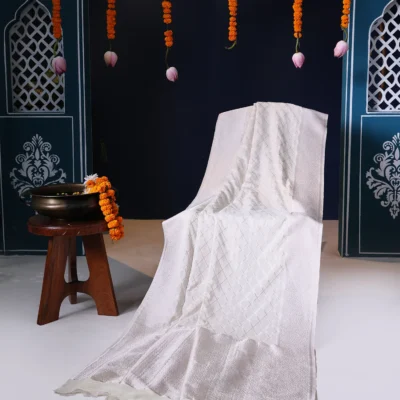 Crape Silk Off-White Saree with Silver Zari Weaved Check