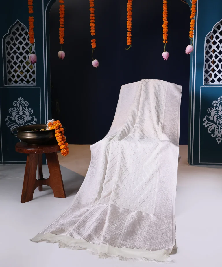 Crape Silk Off-White Saree with Silver Zari Weaved Check Harika