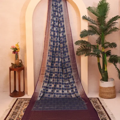 Crape Silk Saree in Dark Greay Color with Golden Zari Big Checks