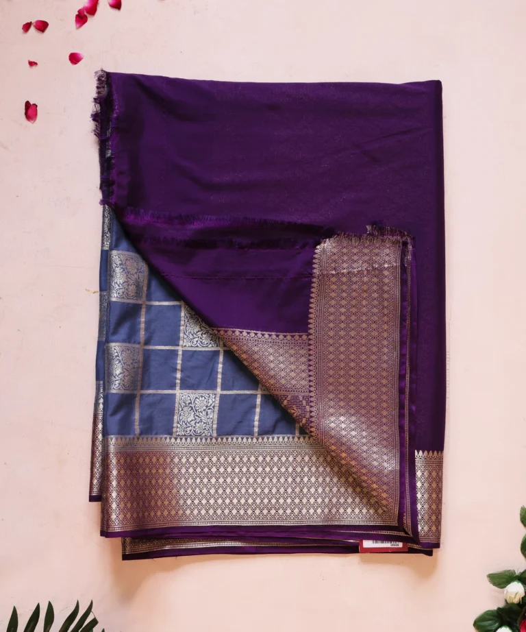 Crape Silk Saree in Dark Greay Color with Golden Zari Big Checks