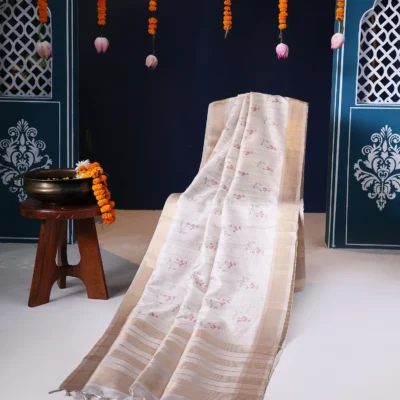 Fancy Silk Saree in Beige Color with Floral Mofits