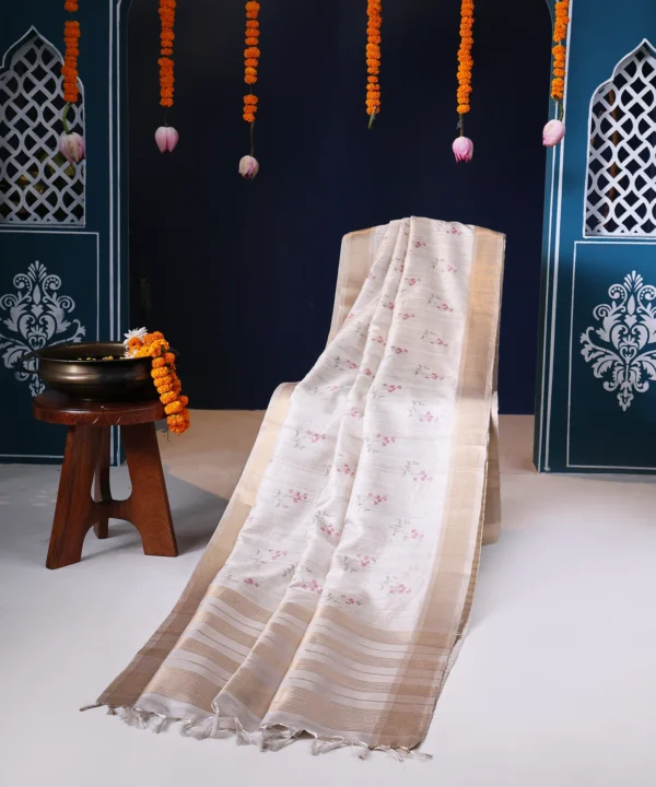 Fancy Silk Saree in Beige Color with Floral Mofits - Image 4
