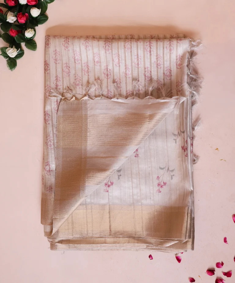 Fancy Silk Saree in Beige Color with Floral Mofits