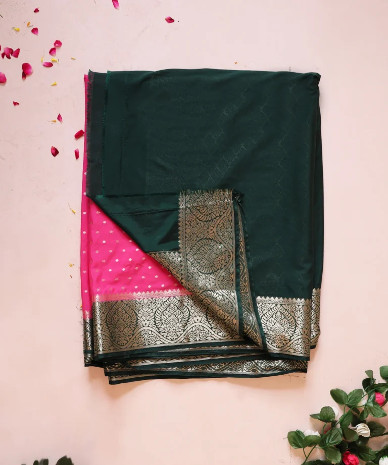 Fusia Pink Crape Silk Saree with Small Polka Dot Golden Zari Booti Harika