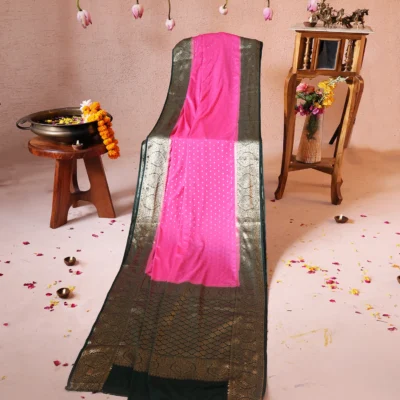 Fusia Pink Crape Silk Saree with Small Polka Dot Golden Zari Booti