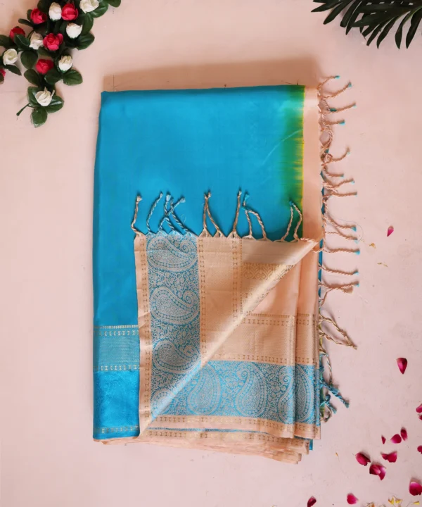 Handloom Silk Golden Saree with Phirozi Traditional