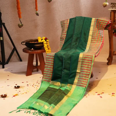 Handloom Silk Green Saree with Modern Twist of Checkard Red border
