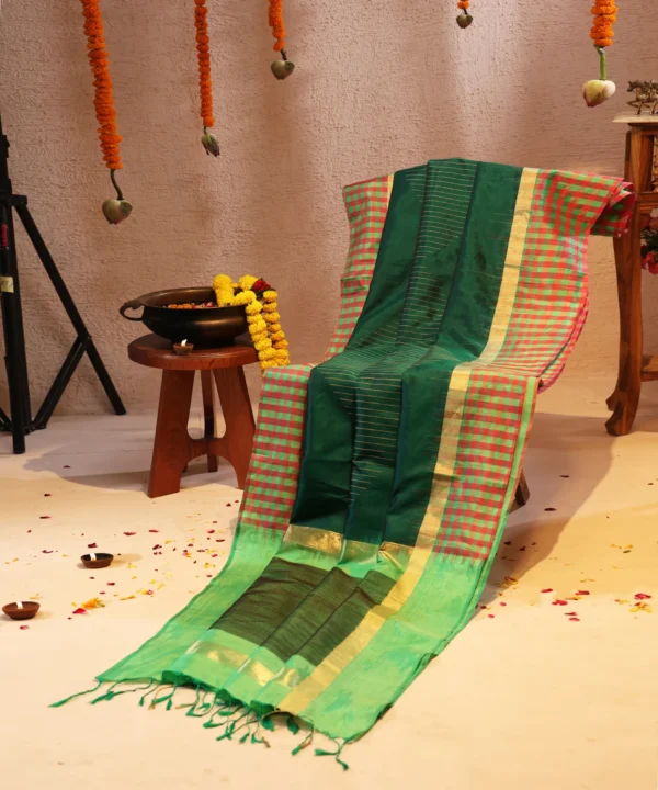 Handloom Silk Green Saree with Modern Twist of Checkard Red border - Image 4