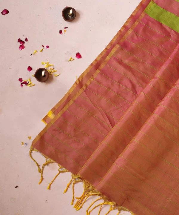 Handloom silk pink and pastle Yellow Saree with Mordern Weavings - Image 5