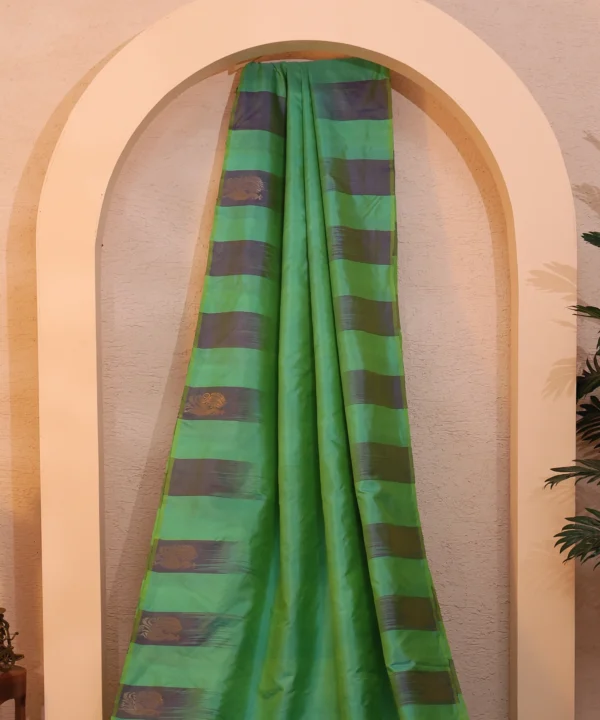 Handloom Silk Green in sunshine with Zari Peacock - Image 3