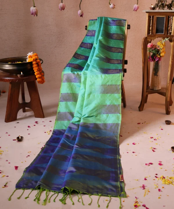 Handloom Silk Green in sunshine with Zari Peacock - Image 2