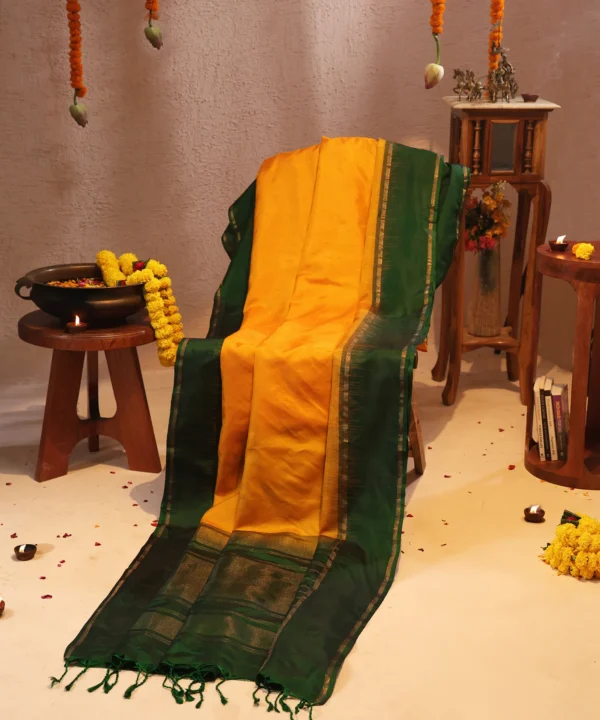 Handloom Silk Mustard Yellow Saree with Bottle Green - Image 2