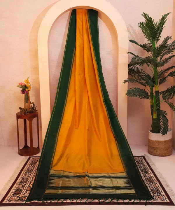 Handloom Silk Mustard Yellow Saree with Bottle Green - Image 3