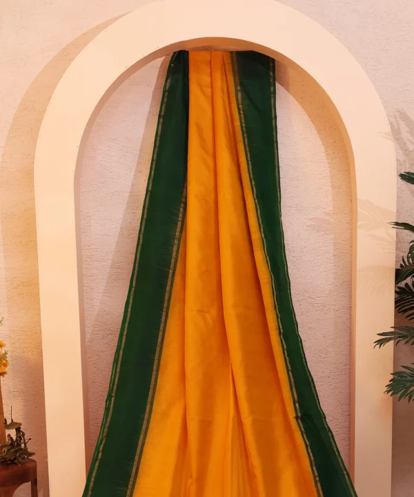 Handloom Silk Mustard Yellow Saree with Bottle Green - Image 4