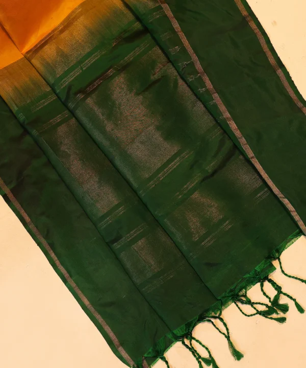 Handloom Silk Mustard Yellow Saree with Bottle Green - Image 5