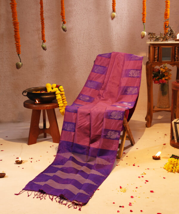 Handloom Silk Saree in Mulberry Pink Color with Dark Purple Palla