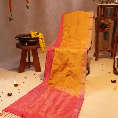 Handloom Silk Saree in Mustard Yellow with Golden Zari Border and Pallu