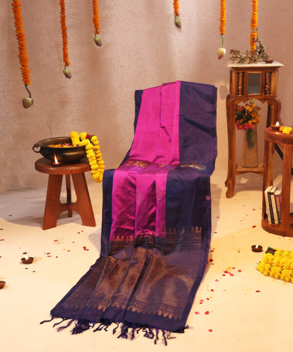 Handloom Silk Saree in Navy Blue and Dark Magenta with Golden Zari - Image 3