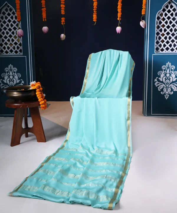 Mysore Silk Plain Teal Green Saree with Golden Zari - Image 4