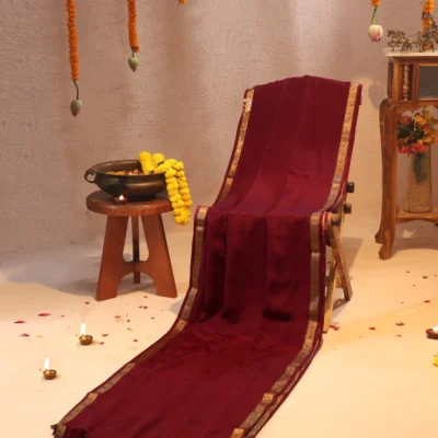 Mysore Silk Wine Color Saree with Sleek Golden Zari