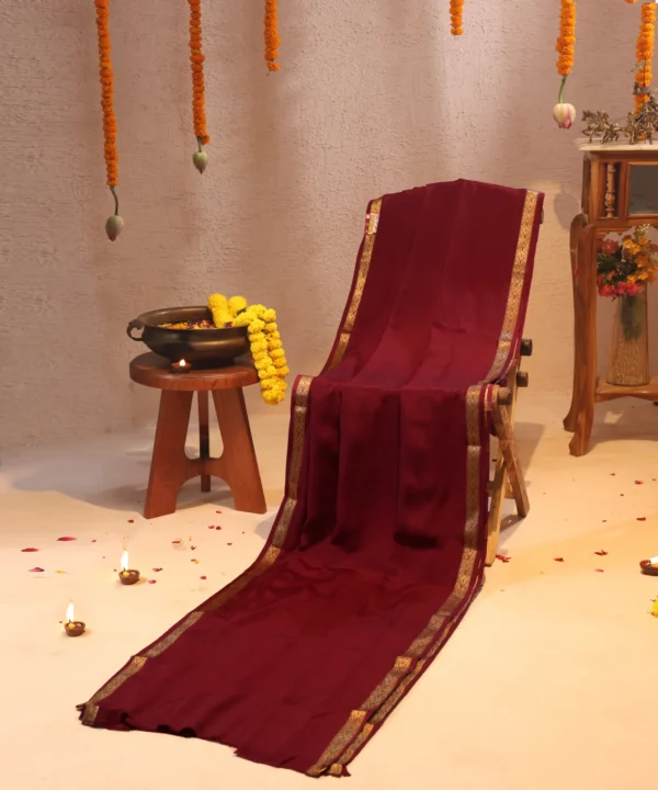 Mysore Silk Wine Color Saree with Sleek Golden Zari - Image 5