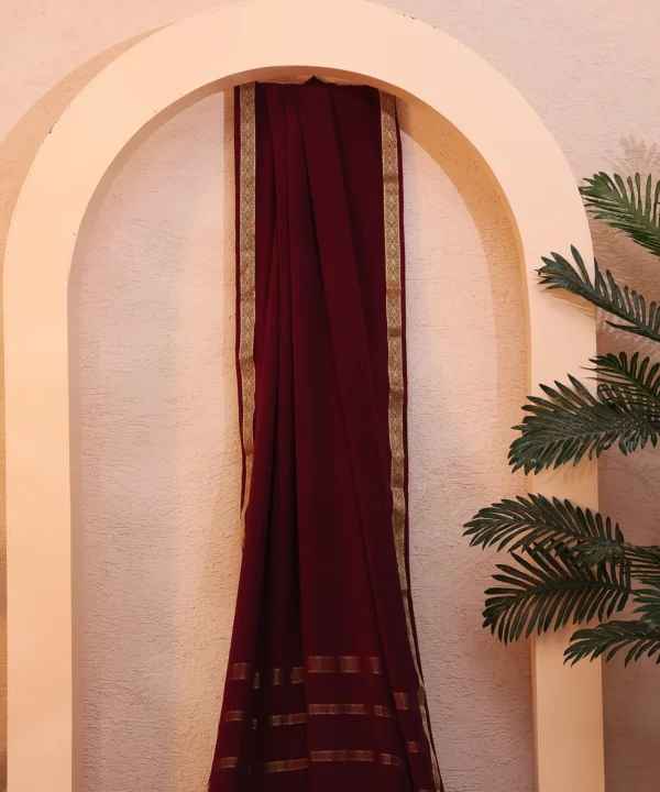 Mysore Silk Wine Color Saree with Sleek Golden Zari - Image 3