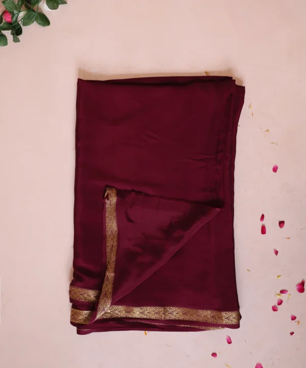 Mysore Silk Wine Color Saree with Sleek Golden Zari