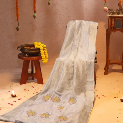 Mysore silk silver grey saree with self weaving and light golden zari border