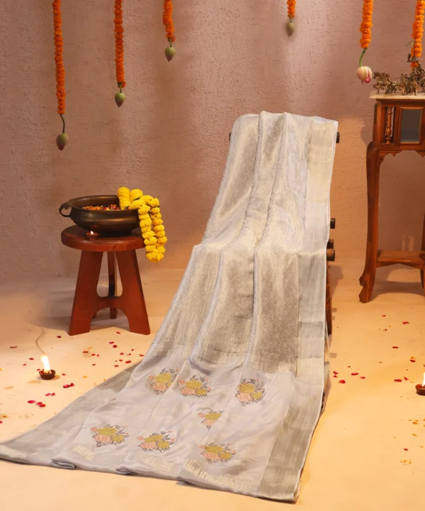 Mysore silk silver grey saree with self weaving and light golden zari border - Image 4
