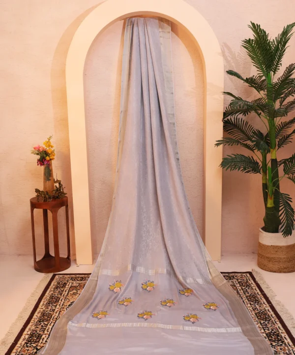 Mysore silk silver grey saree with self weaving and light golden zari border - Image 3