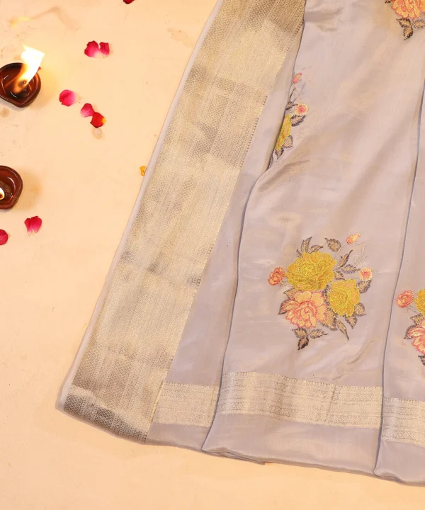 Mysore silk silver grey saree with self weaving and light golden zari border - Image 2