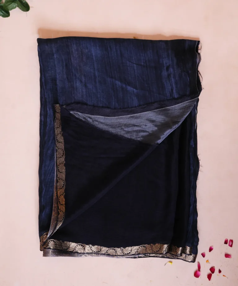 Navy Blue Crape Silk Saree with Sleek Golden Zari Border