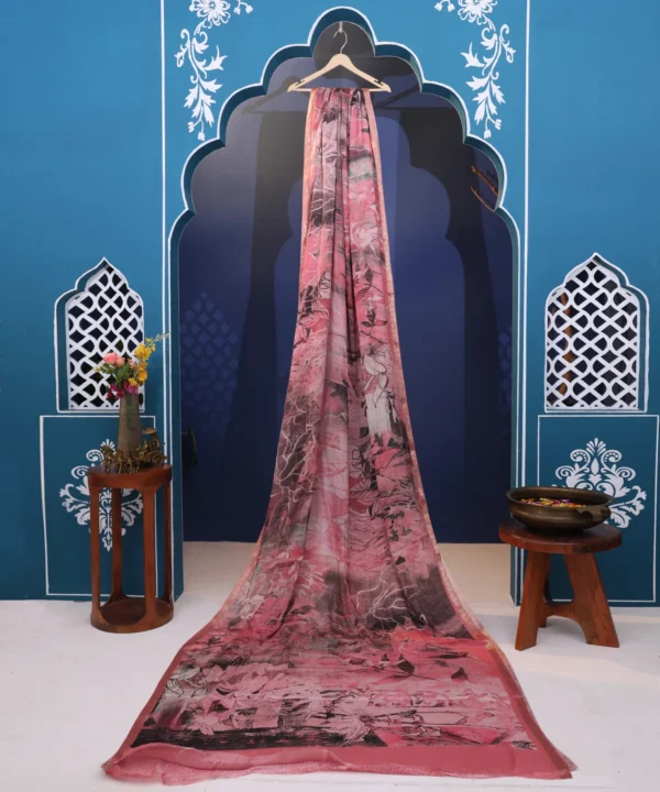 Silk Saree With Abstract print in Shades of Pink and Golden Zari Border - Image 6