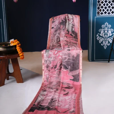 Silk Saree With Abstract print in Shades of Pink and Golden Zari Border