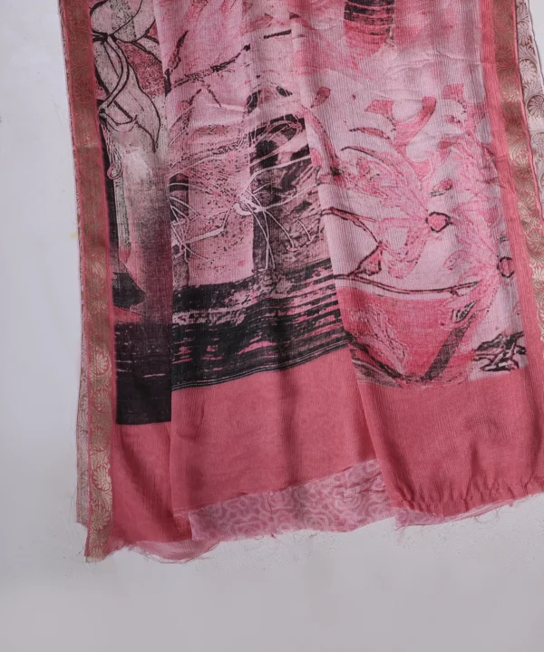 Silk Saree With Abstract print in Shades of Pink and Golden Zari Border - Image 3