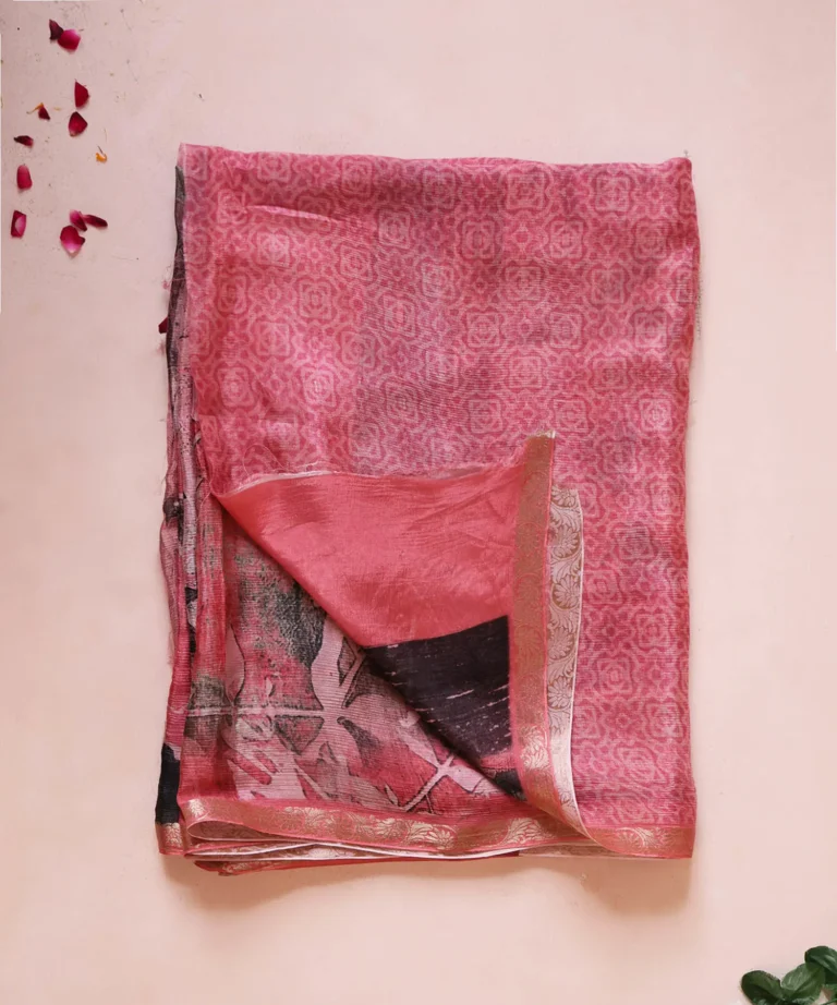 Silk Saree With Abstract print in Shades of Pink and Golden Zari Border Harika
