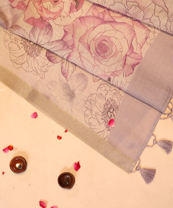 Super Net Saree in Digital Floral Print with Pink and Tassels in Pallu - Image 2