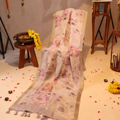 Super Net Saree in Digital Floral Print with Pink and Tassels in Pallu