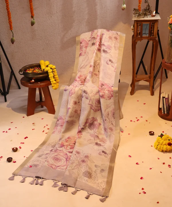 Super Net Saree in Digital Floral Print with Pink and Tassels in Pallu - Image 3