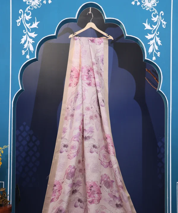 Super Net Saree in Digital Floral Print with Pink and Tassels in Pallu - Image 4