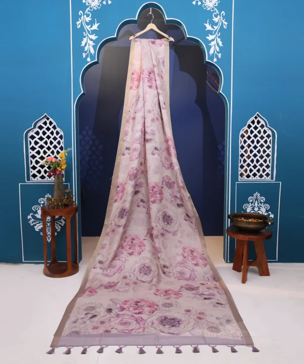 Super Net Saree in Digital Floral Print with Pink and Tassels in Pallu - Image 5