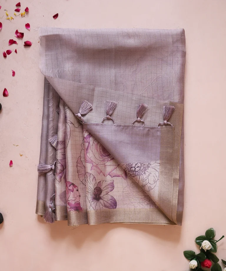 Super Net Saree in Digital Floral Print with Pink and Tassels in Pallu Harika