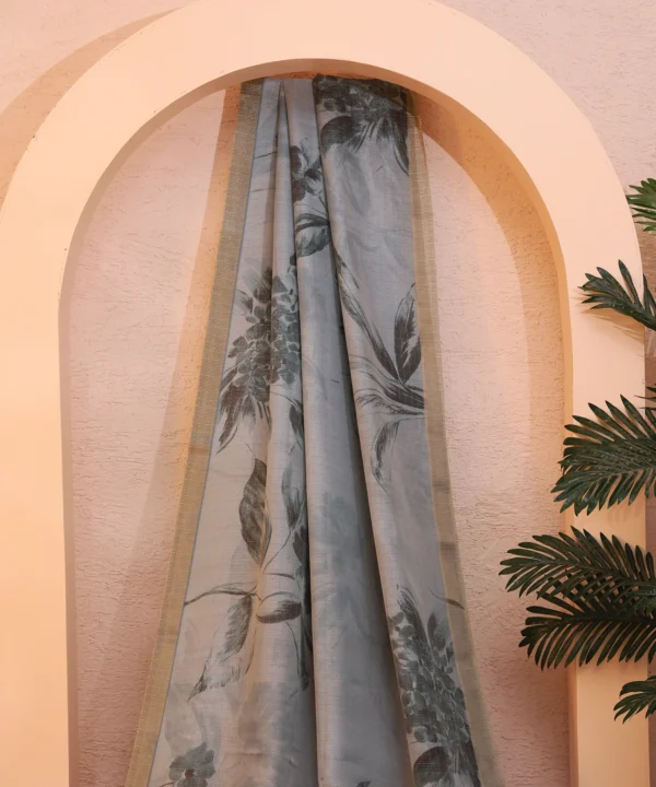 Super Net Saree with Floral Digital Print in Shades of Blue and Tassles Pallu - Image 5