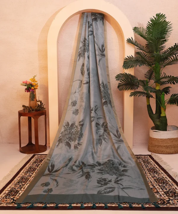 Super Net Saree with Floral Digital Print in Shades of Blue and Tassles Pallu - Image 4