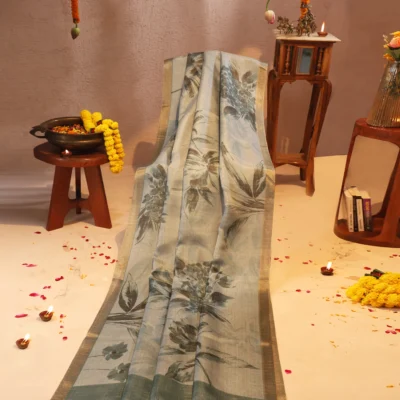 Super Net Saree with Floral Digital Print in Shades of Blue and Tassles Pallu