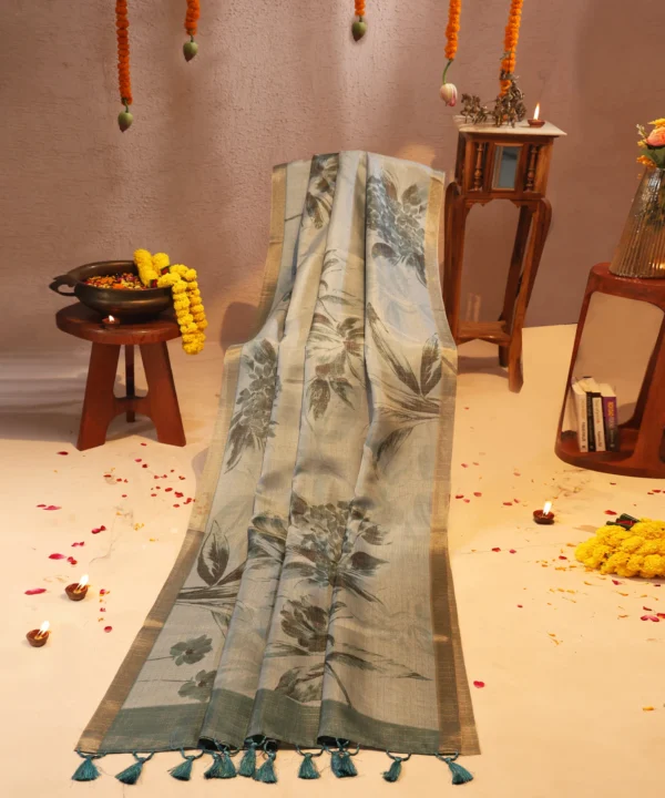 Super Net Saree with Floral Digital Print in Shades of Blue and Tassles Pallu - Image 3