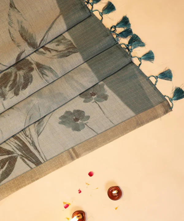 Super Net Saree with Floral Digital Print in Shades of Blue and Tassles Pallu - Image 2